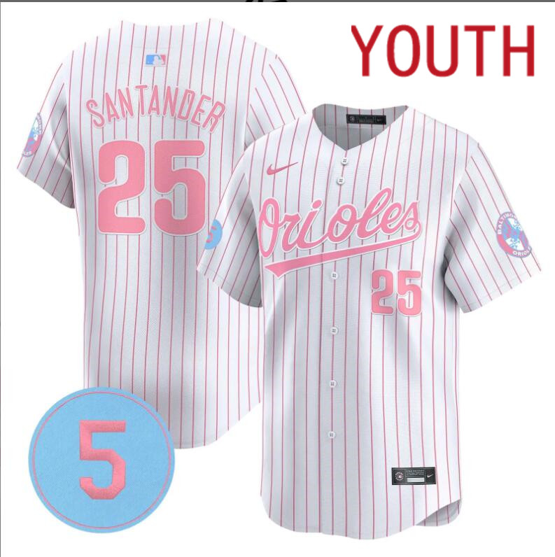 Youth  Baltimore Orioles #25 Santander white with red strips 2024 Nike MLB jersey